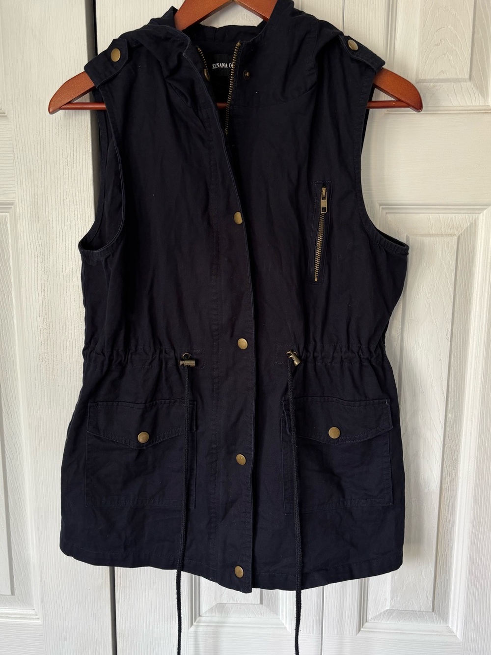 Zenana Outfitters Navy Blue Hooded Utility Vest Size Medium
